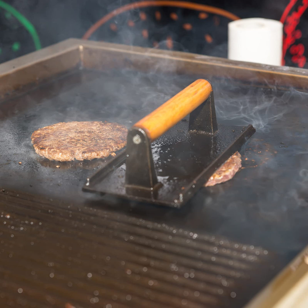 Heavy Duty Rectangular Cast Iron Grill Burger Press Pre-Seasoned Steak Griddle BBQ Grilling