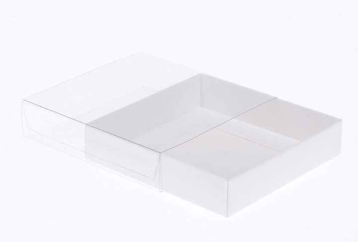 10 Pack of 10cm Square Invitation Coaster Favor Function product Presentation Cookie Biscuit Patisserie Gift Box - 2cm deep - White Card with Clear Slide On PVC Lid