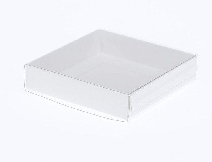 10 Pack of 10cm Square Invitation Coaster Favor Function product Presentation Cookie Biscuit Patisserie Gift Box - 2cm deep - White Card with Clear Slide On PVC Lid