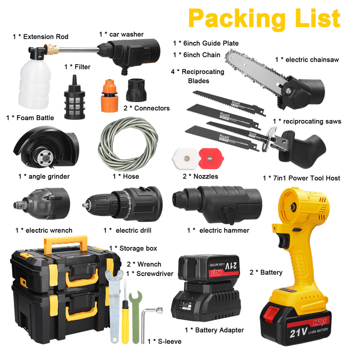 7in1 Multi-function Rechargeable Li-ion Electric Machine Set Electric Hammer Drill Chainsaw Conversion Tool Set Power Tool Kit