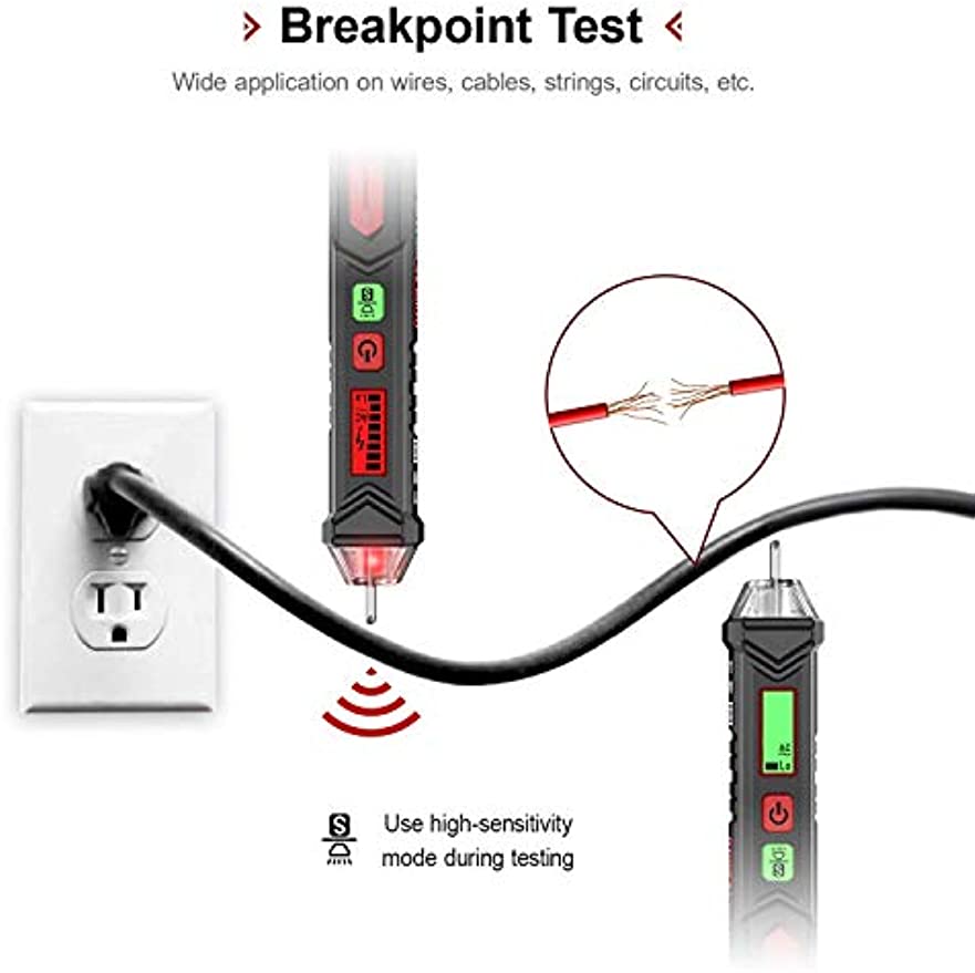 KAIWEETS HT100 Non Contact Voltage Tester AC Electricity Detect Pen 12V-1000V/48V-1000V Dual Range with LCD Display LED Flashlight Buzzer Alarm Wire Breakpoint Finder