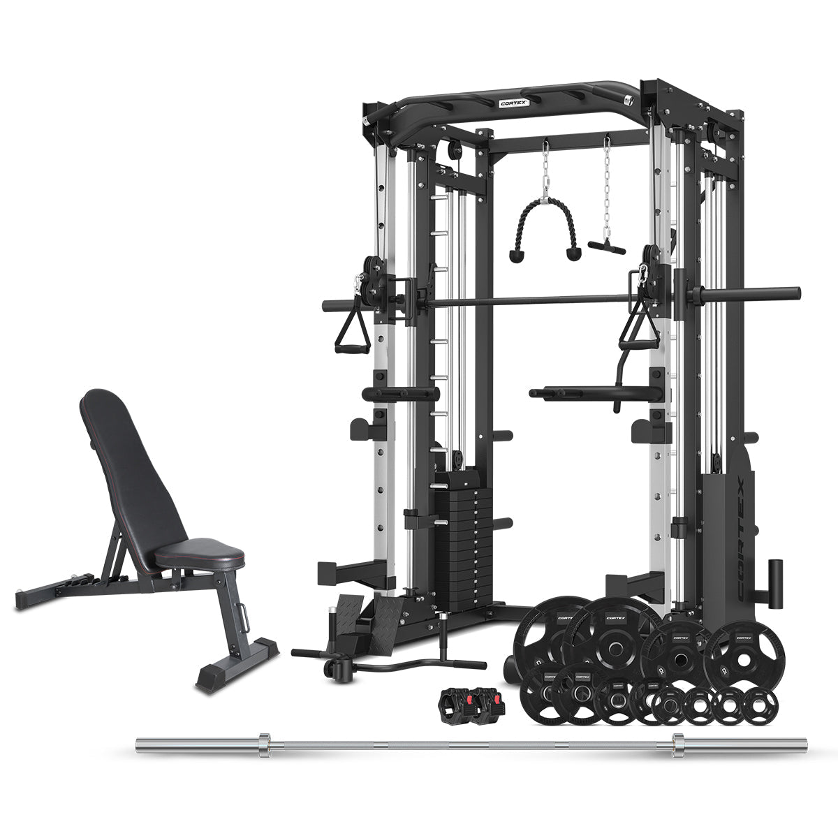 CORTEX SM-25 6-in-1 Power Rack with Smith & Cable Machine + BN6 Bench + 100kg Olympic Weight Plate & Barbell Package