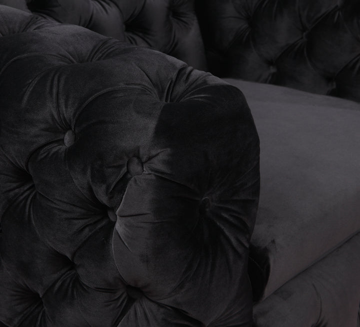 Single Seater Black Sofa Classic Armchair Button Tufted in Velvet Fabric with Metal Legs