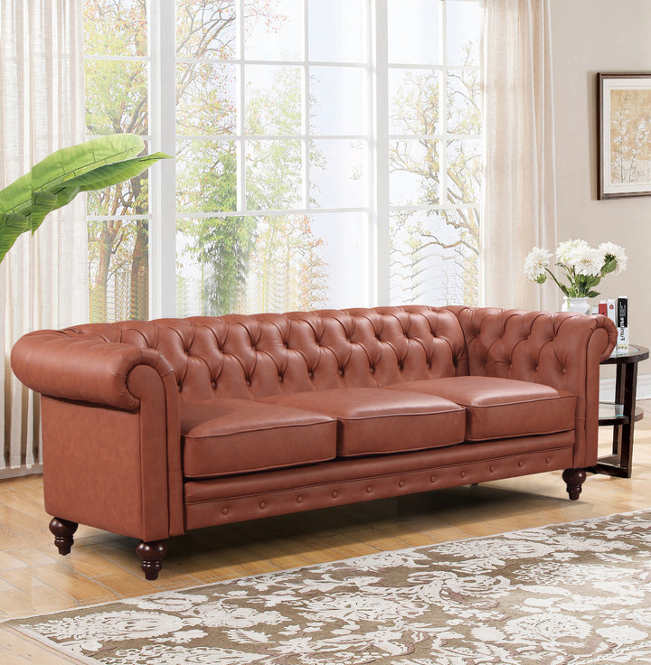 3 Seater Brown Sofa Lounge Button Tufted in Faux Leather