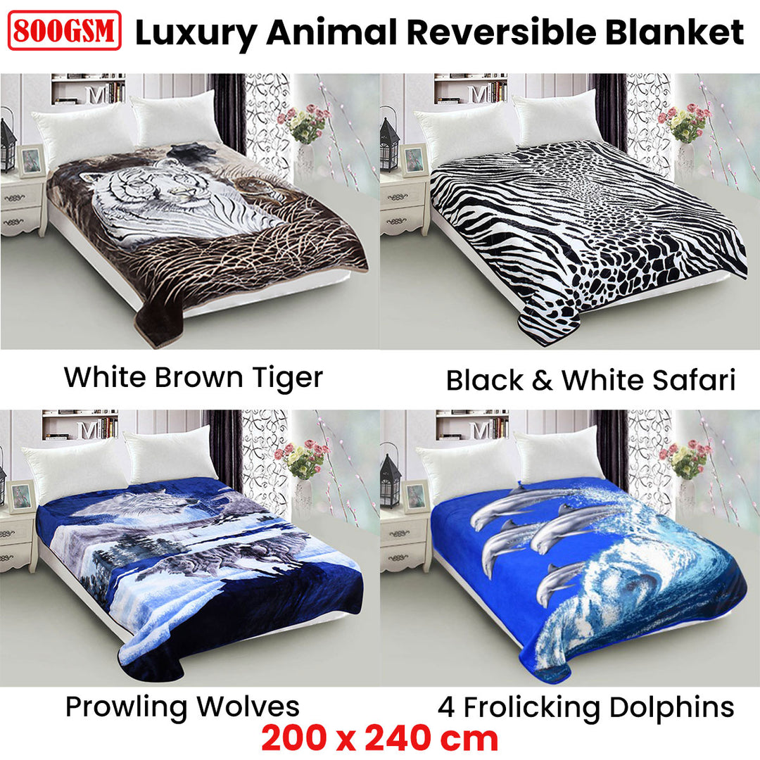 800GSM Luxury Reversible Animal Mink Blanket Queen 200 x 240 cm Prowling Wolves