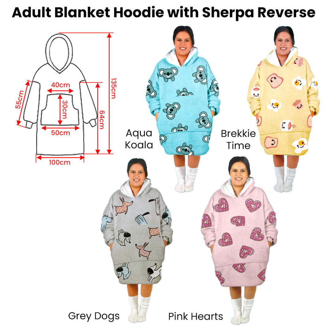 Adult Women Comfy Warm Blanket Hoodie with Sherpa Fleece Reverse Grey Dogs