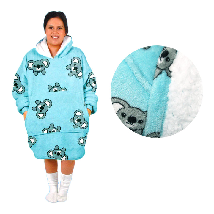 Adult Women Comfy Warm Blanket Hoodie with Sherpa Fleece Reverse Aqua Koala