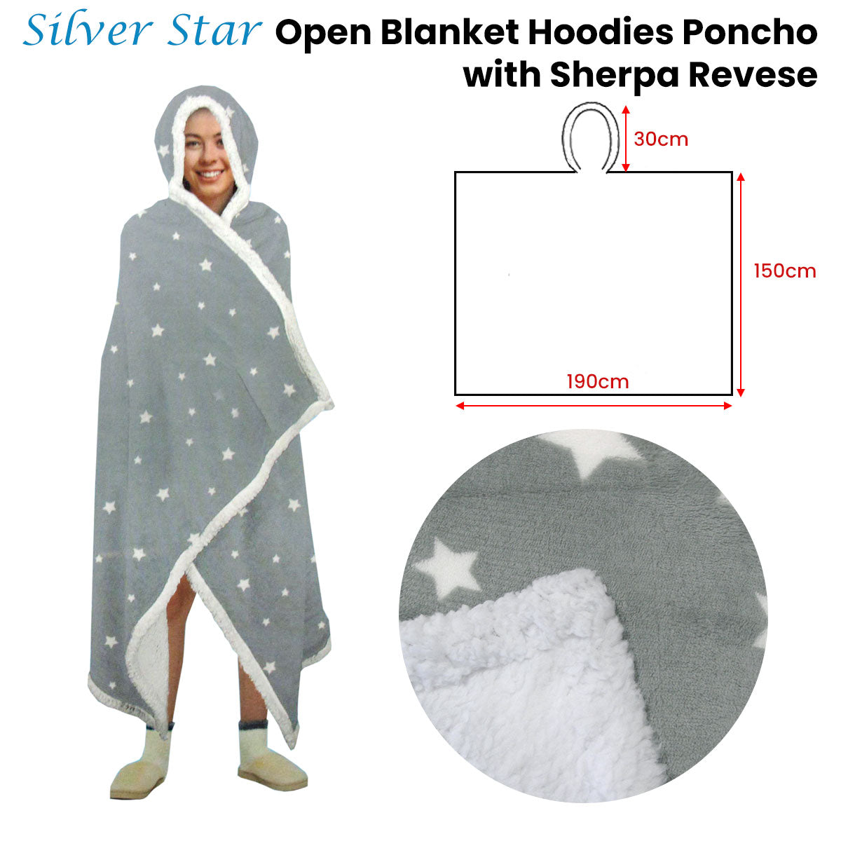 Adult Men Women Open Blanket Hoodie Poncho with Sherpa Fleece Reverse Silver Star