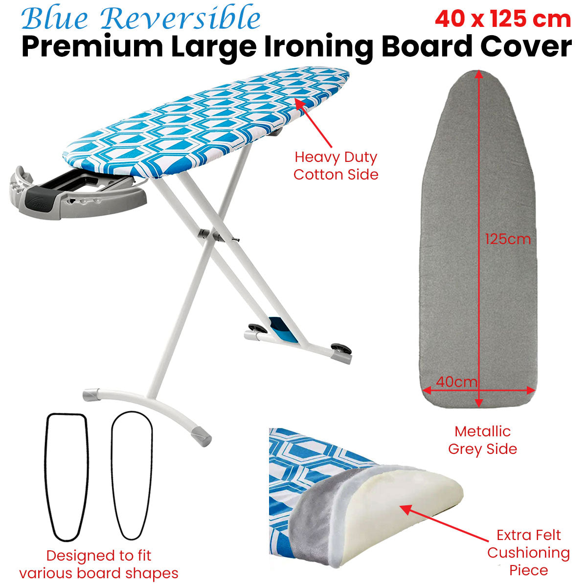 Blue Reversible Premium Large Ironing Board Cover with Underlay 40 x 125 cm