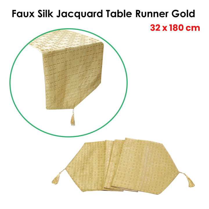 Faux Silk Jacquard Table Runner Gold 32 x 180 cm