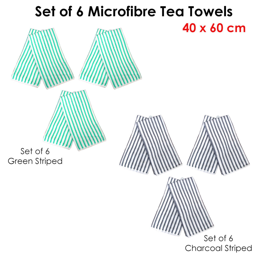 Set of 6 Microfibre Striped Tea Towels Charcoal