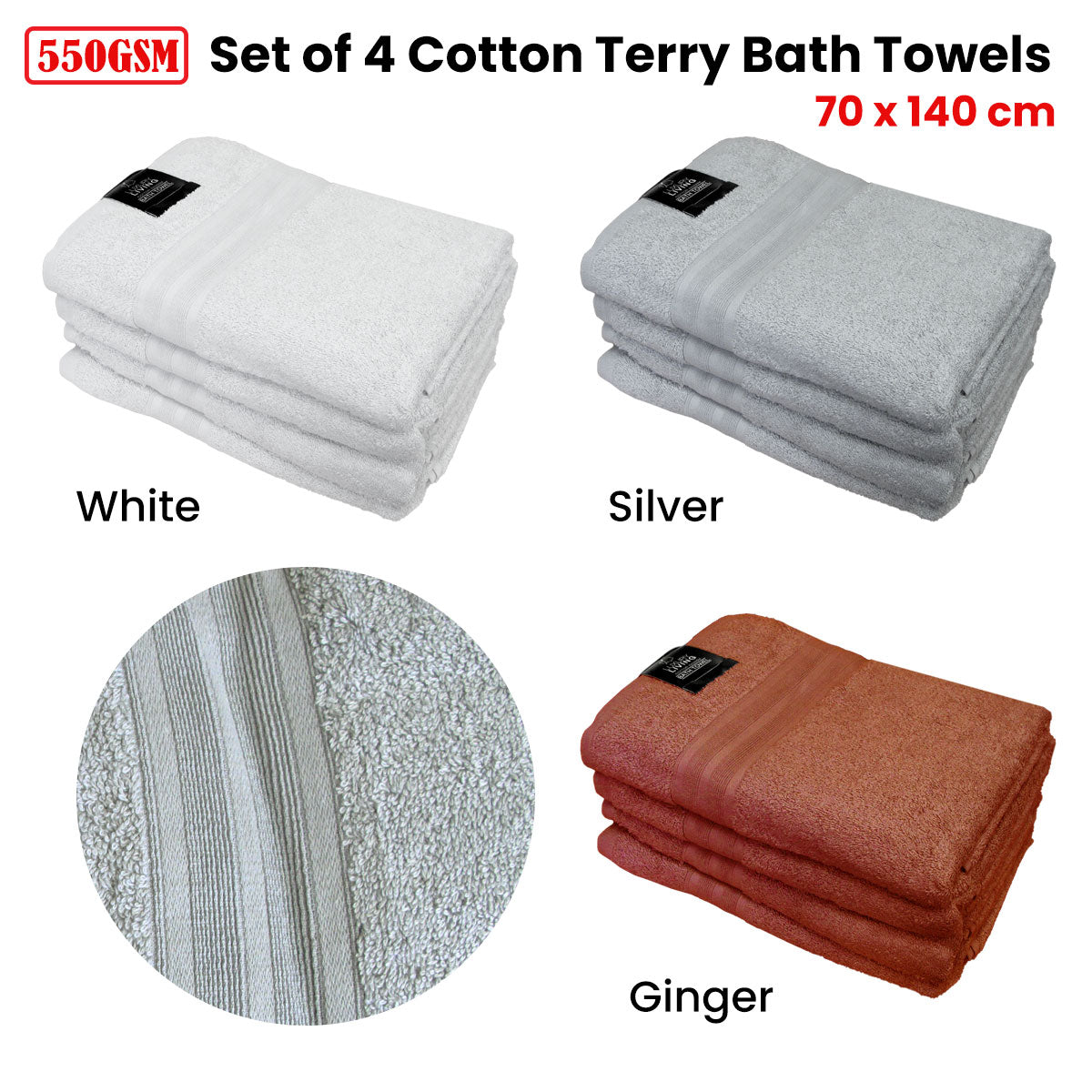 550GSM Set of 4 100% Cotton Terry Bath Towels 70 x 140 cm Ginger