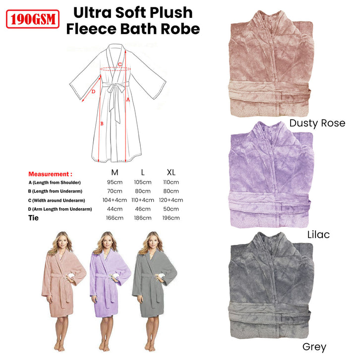 190GSM Ultra Soft Plush Fleece Bath Robe Dusty Rose XL