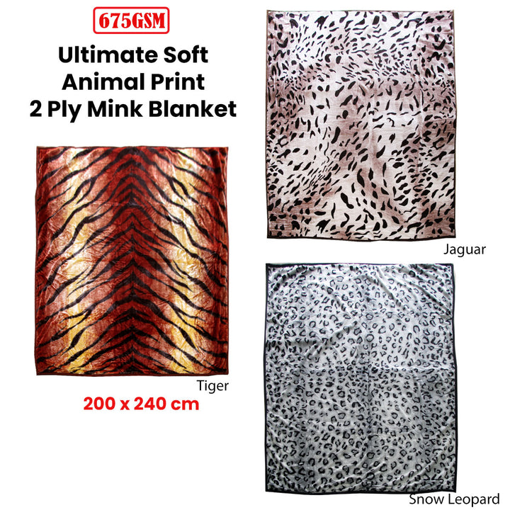 675gsm 2 Ply Animal Print Faux Mink Blanket Queen 200x240 cm Tiger