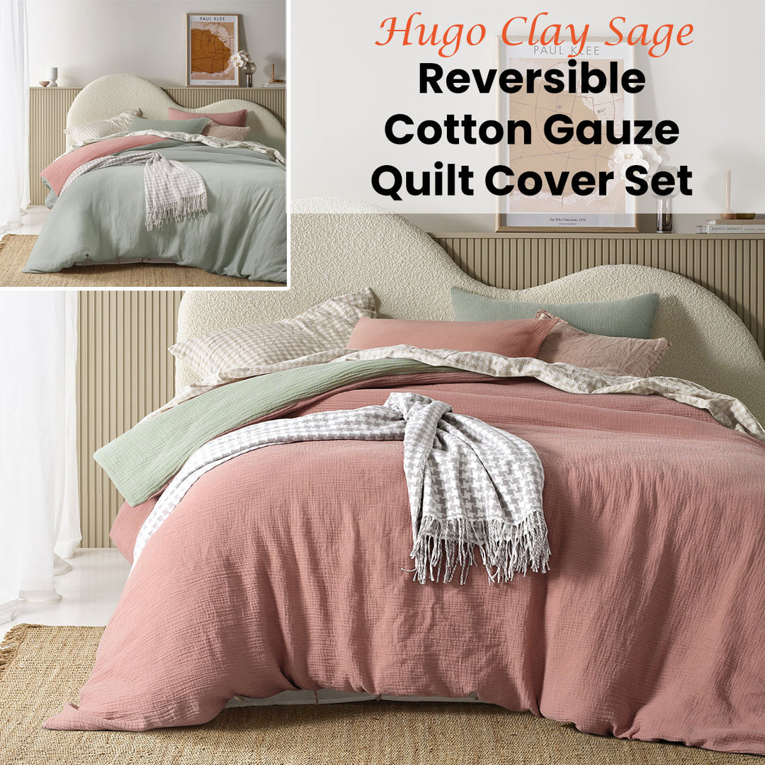 Vintage Design Homewares Hugo Reversible Clay Sage Cotton Gauze Quilt Cover Set Queen