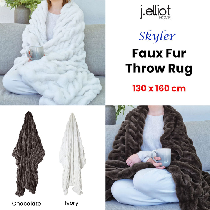 J Elliot Home Skyler Ivory Faux Fur Throw Rug 130 x 160cm