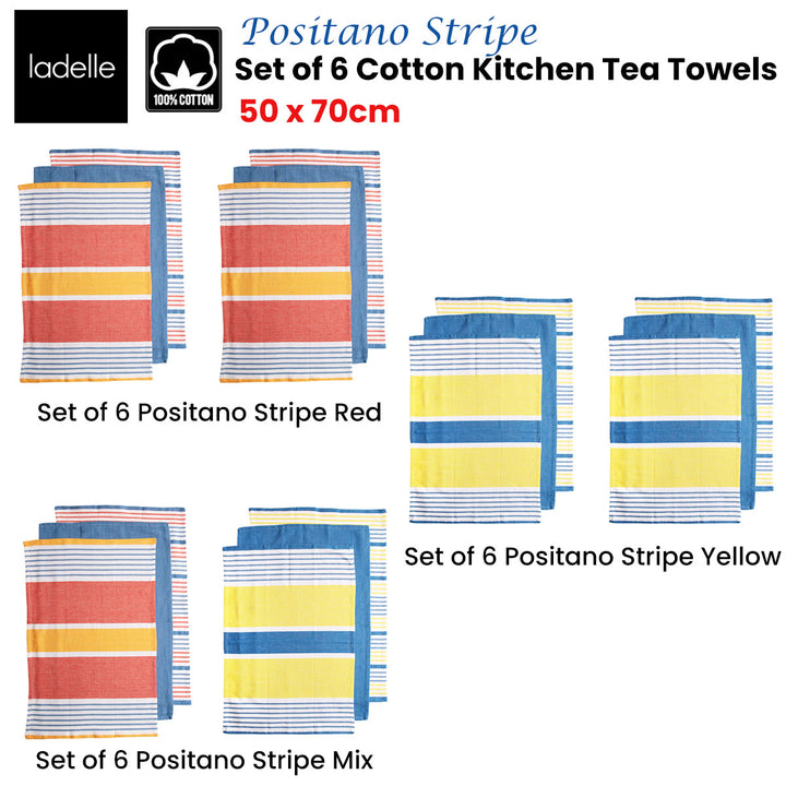 Ladelle Set of 6 Positano Stripe Cotton Kitchen Tea Towels 50 x 70 cm Yellow