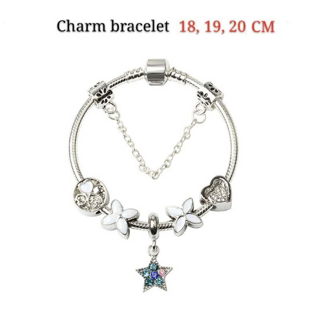 Women Silver Plated Bracelet Snake Chain with Classic Bead Barrel Clasp and Blue Star Pendant(18cm)