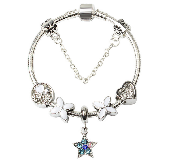 Women Silver Plated Bracelet Snake Chain with Classic Bead Barrel Clasp and Blue Star Pendant(19cm)