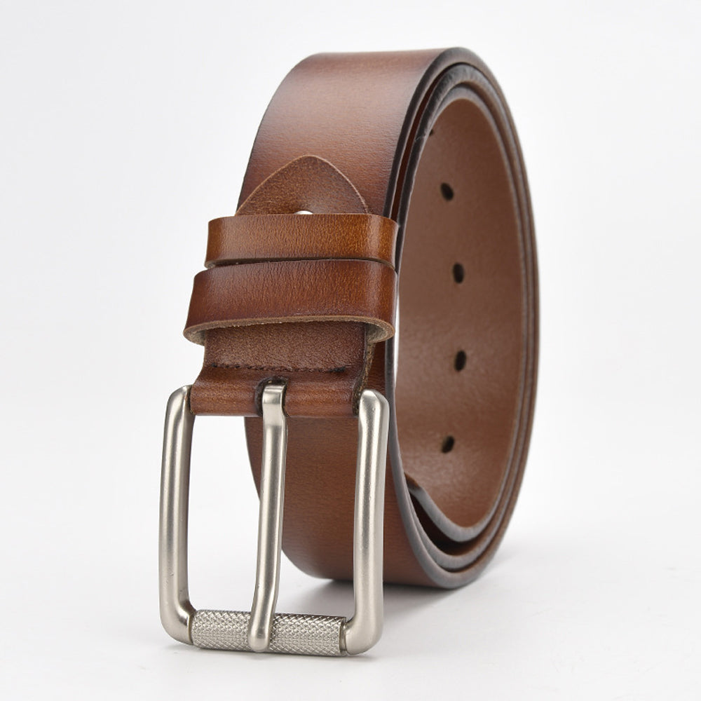 New Cowhide Leather Men Belt Pin Buckle Luxury Male Belts (Brown)