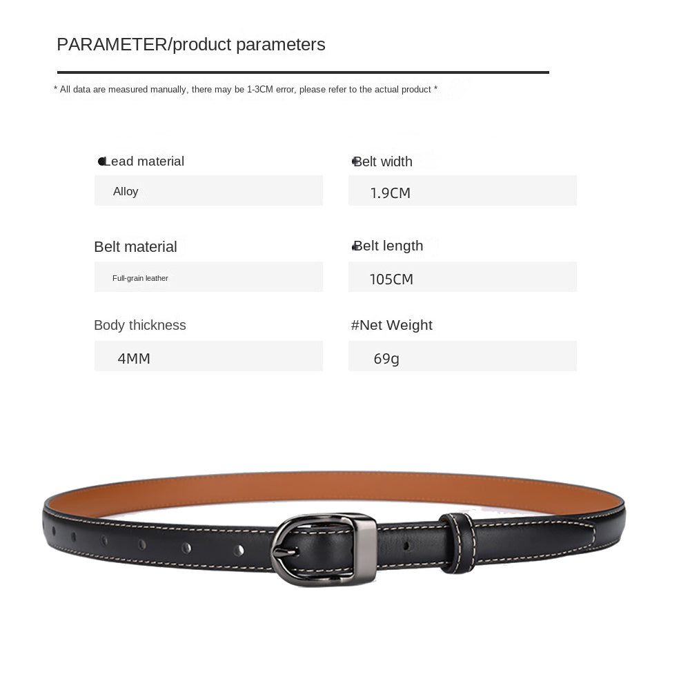 Luxury Top Layer Cow Leather Belt Women's Simple Decorative Jeans Belt Versatile Fashion Thin Belt (Black)