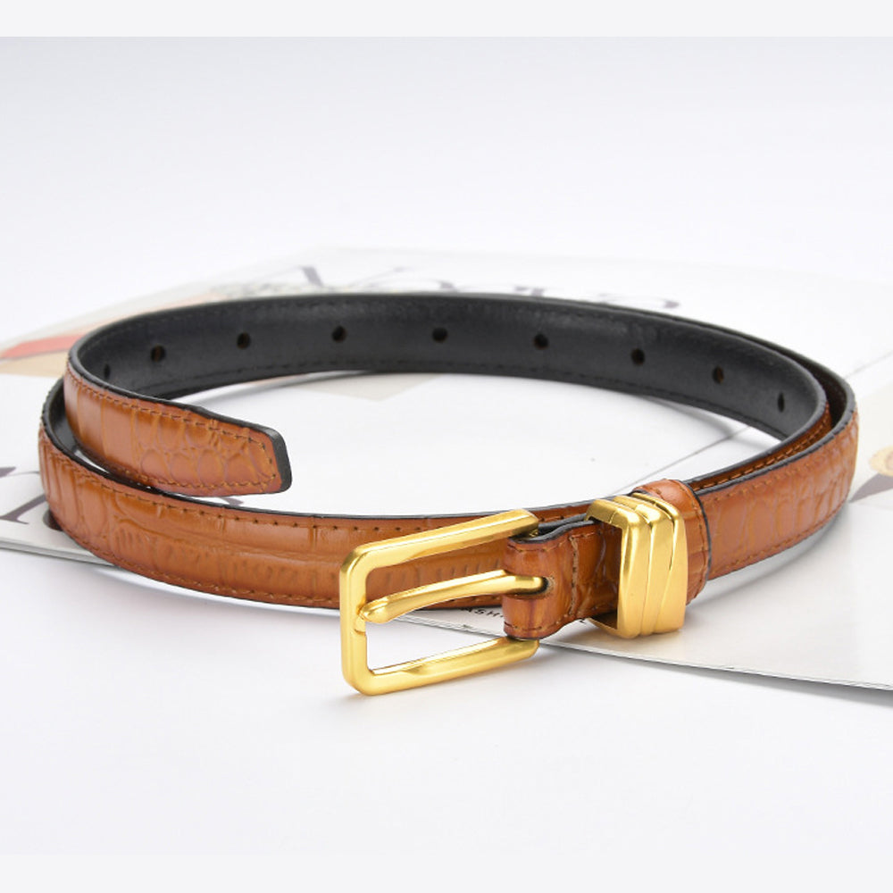 Genuine leather with Crocodile pattern pin buckle thin belt jeans belt for women (Dark Brown)