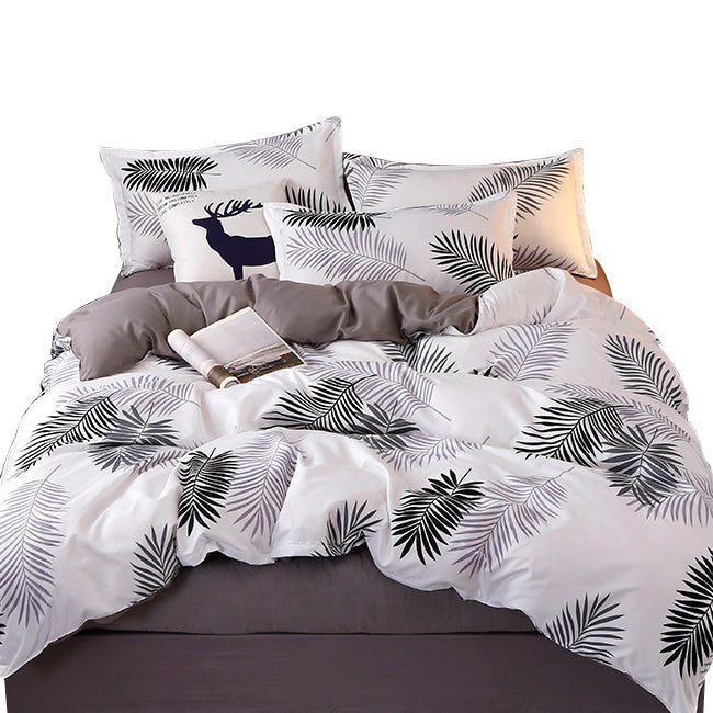 Palm Leaves Pattern Aloe Cotton Flat Sheet Quilt Cover Pillowcases 4pcs Bedding Set (Double)