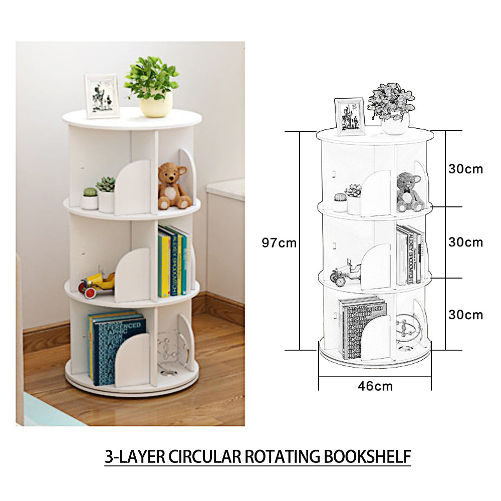 White Wooden Circular 360-Degree Rotating Bookshelf Display Storage Stand(3 Layers)