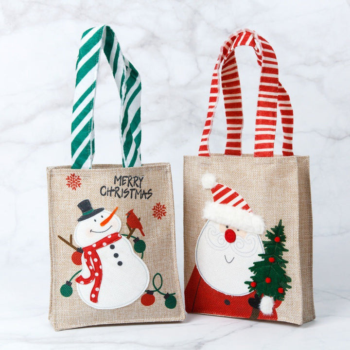 2Pcs Set Christmas Gift Bags Sackcloth Festive Cartoon hand gift bags