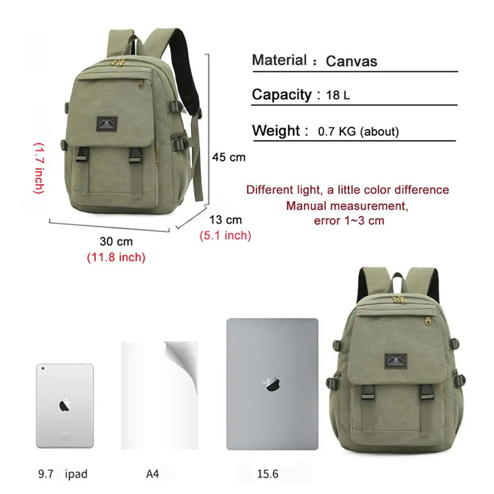 Unisex Leisure Canvas Backpack Durable Waterproof Outdoor Travel Rucksack(Khaki)