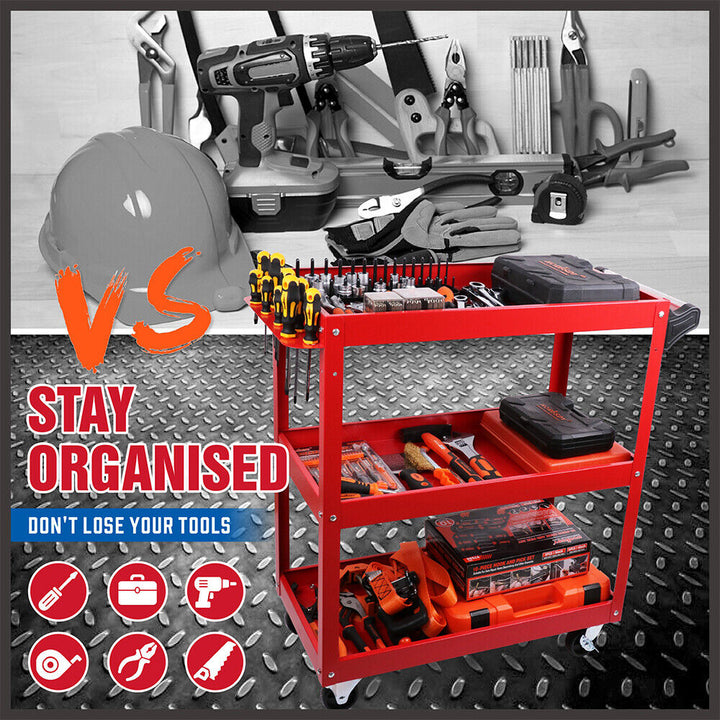 Red 3-Tier Tool Cart Trolley Toolbox Workshop Garage Storage 150KG Organizer Garage