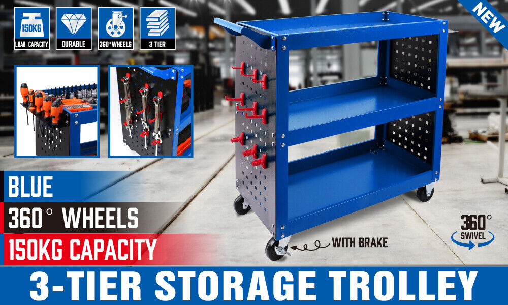 Blue 3-Tier Tool Cart Storage Trolley Toolbox Workshop Garage Organiser 150kg Blue