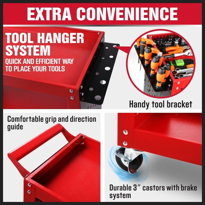 3-Tier Heavy Duty Steel Tool Trolley - Workshop Cart with Pegboard, Hooks and Locking Swivel Casters