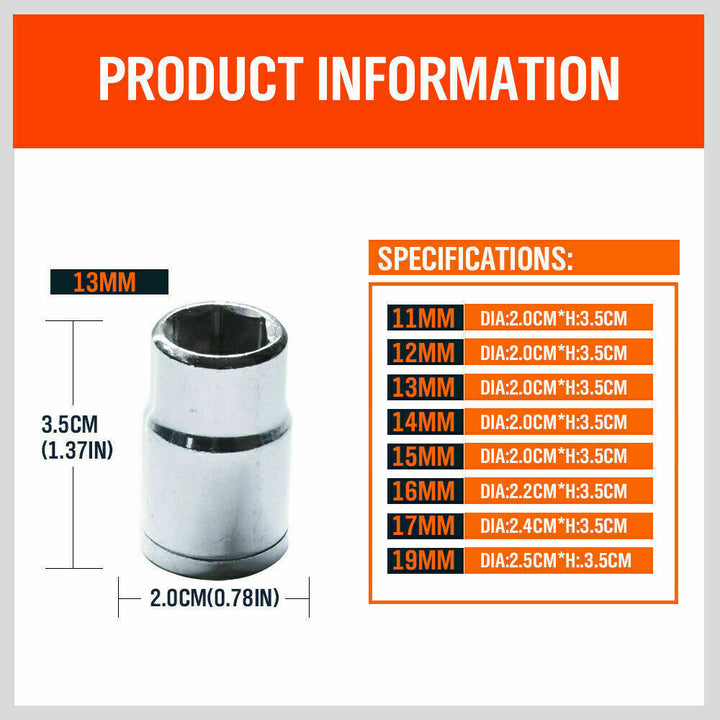 8Pc Metric Socket Set 1/2" Drive 11MM - 19MM For Wrench CRV Mechanic With Holder