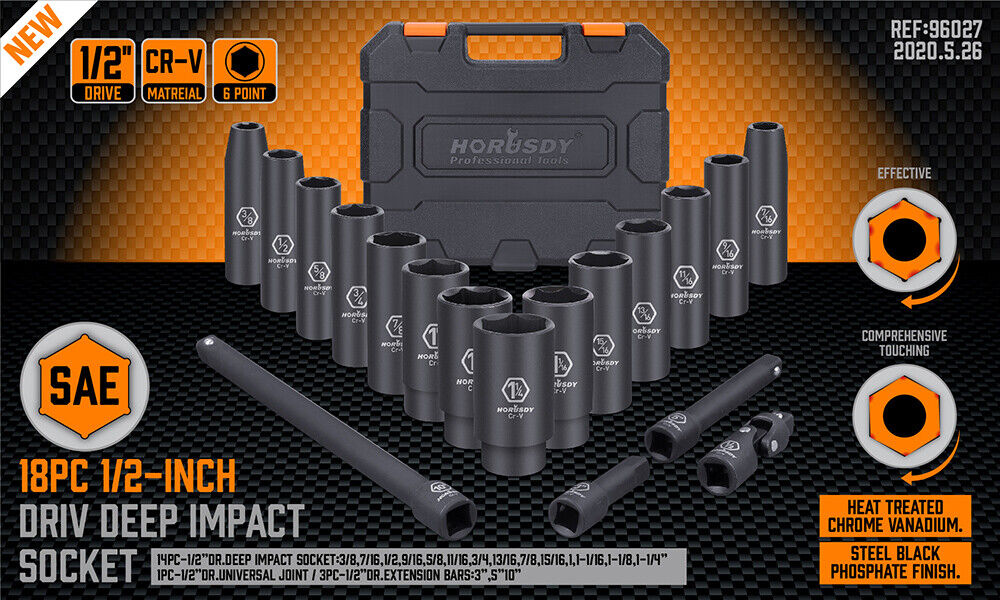 18Pc Deep Impact Socket Set Imperial / SAE Extension Flexible Adaptor 1/2" Drive