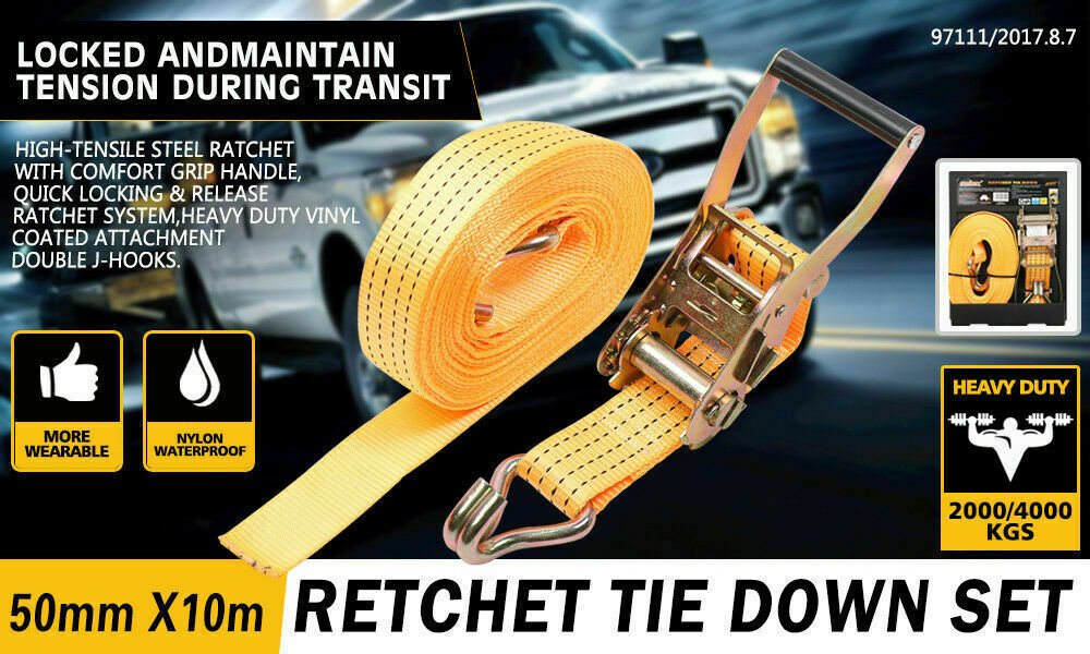 50mm x 10M Tie Down Strap Heavy Duty Ratchet Straps Trailer Boat 2000KG Loading