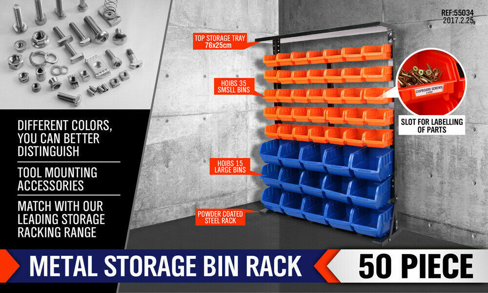 50-Piece Bin Wall Mounted Parts and Tool Storage Rack Organizer Rack for Workshop Tools