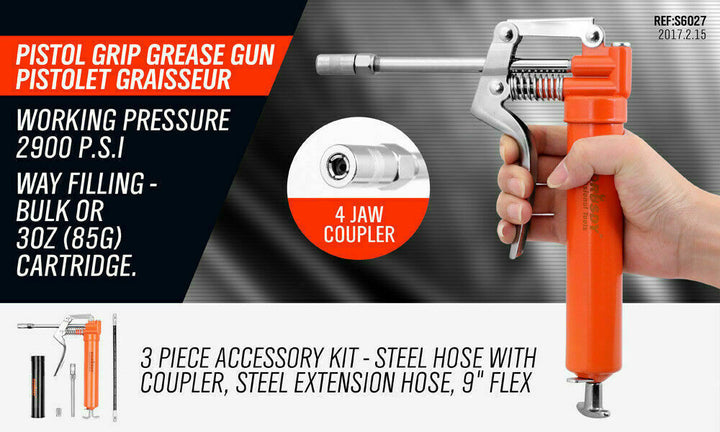 2-WAY Mini Grease Gun Manual Pistol Grip With 3OZ Cartridge Flexi Hose & Coupler