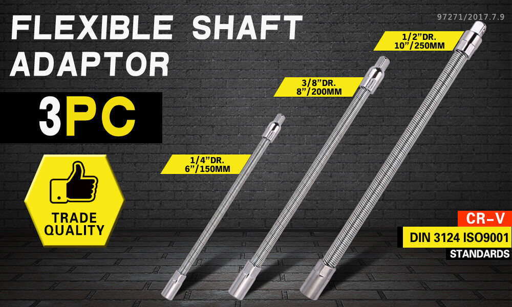 3PC Flexible Socket Extension Bars Shaft Set 1/2" 1/4" 3/8" Drive 10" 8" 6" Long