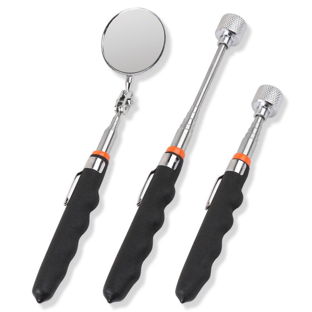 3Pc Magnetic Pick Up Tool & Swivel Inspection Mirror Telescoping Rod Heavy Duty