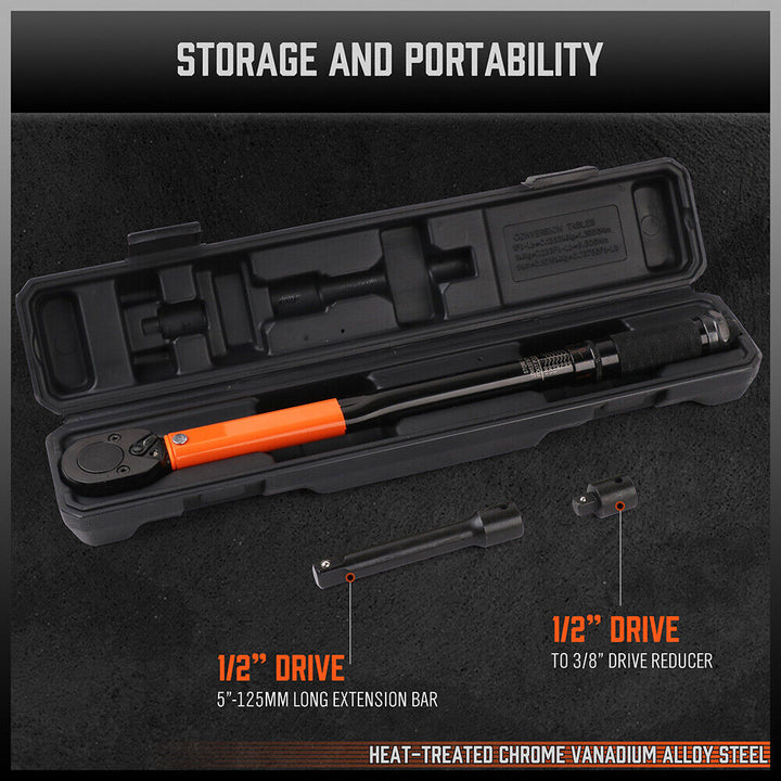 HORUSDY 3Pc 1/2" Drive Click Torque Wrench Ratchet Socket with Adaptor Extension