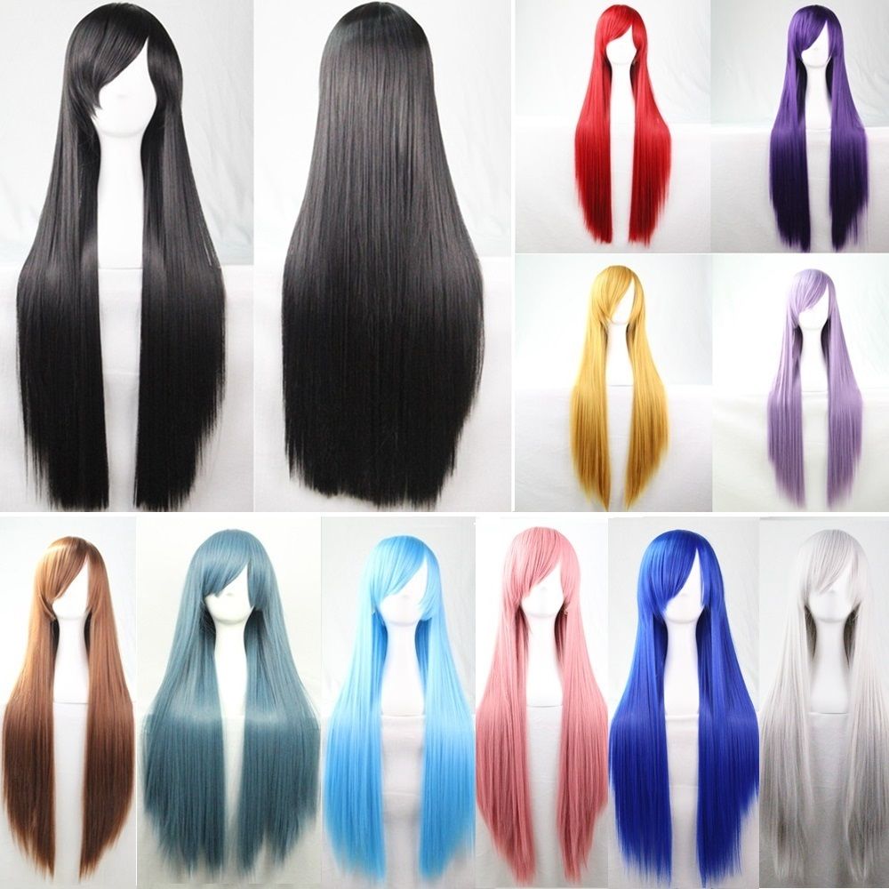 New 80cm Straight Sleek Long Full Hair Wigs w Side Bangs Cosplay Costume Womens, Dark Blue