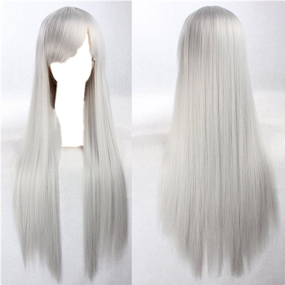 New 80cm Straight Sleek Long Full Hair Wigs w Side Bangs Cosplay Costume Womens, Grey