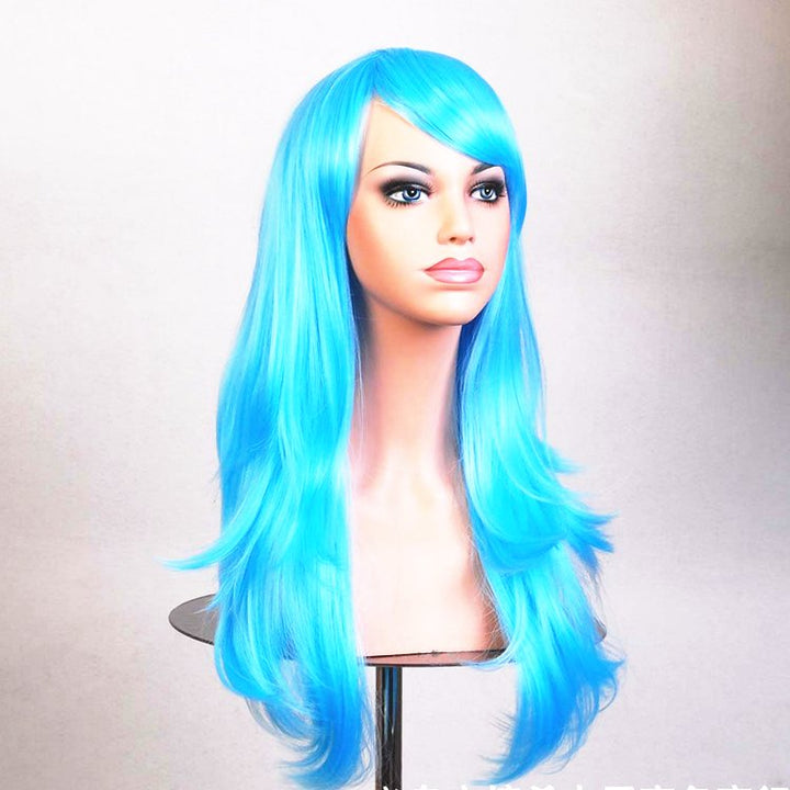 70cm Wavy Curly Sleek Full Hair Lady Wigs w Side Bangs Cosplay Costume Womens, Aqua