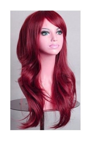 70cm Wavy Curly Sleek Full Hair Lady Wigs w Side Bangs Cosplay Costume Womens, Burgundy