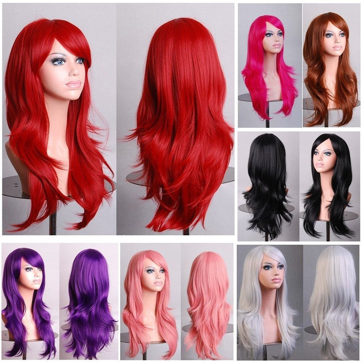 70cm Wavy Curly Sleek Full Hair Lady Wigs w Side Bangs Cosplay Costume Womens, Burgundy