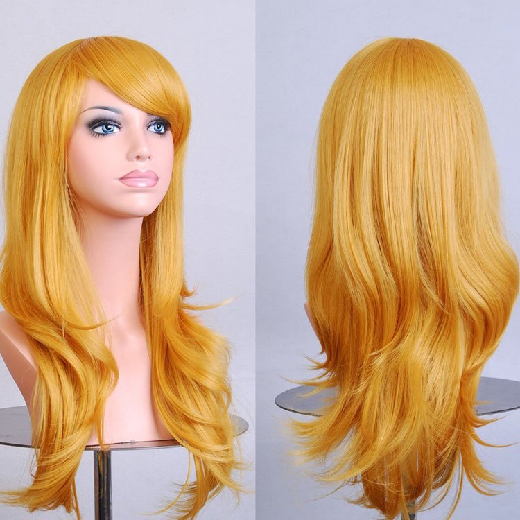 70cm Wavy Curly Sleek Full Hair Lady Wigs w Side Bangs Cosplay Costume Womens, Golden Blonde