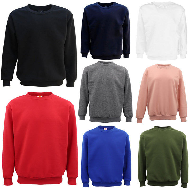 New Adult Unisex Plain Pullover Fleece Jumper Mens Long Sleeve Crew Neck Sweater, Navy, L