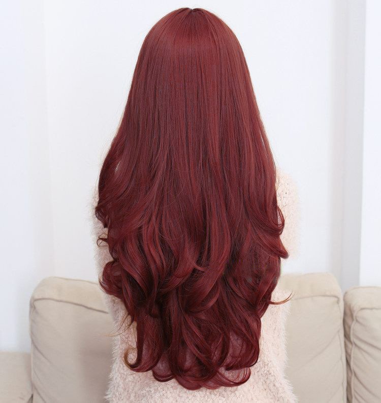 Long Wavy Curly Full Hair Wigs w Side Bangs Cosplay Costume Fancy Anime Womens, Burgundy