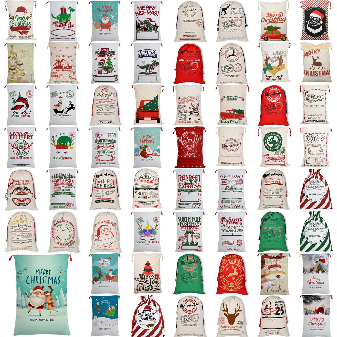 50x70cm Canvas Hessian Christmas Santa Sack Xmas Stocking Reindeer Kids Gift Bag, Hessian - North Pole Express